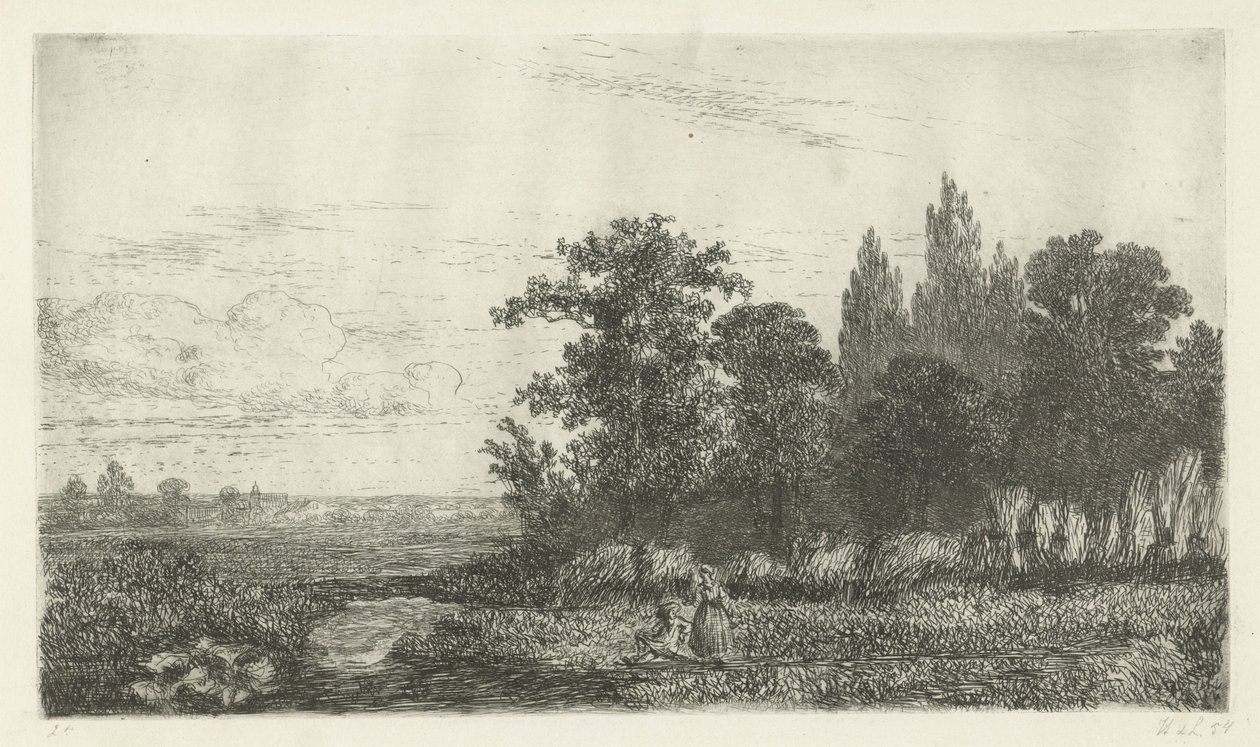 Hombre y mujer junto a un arroyo al borde del bosque. de Hermanus Jan Hendrik van Rijkelijkhuysen