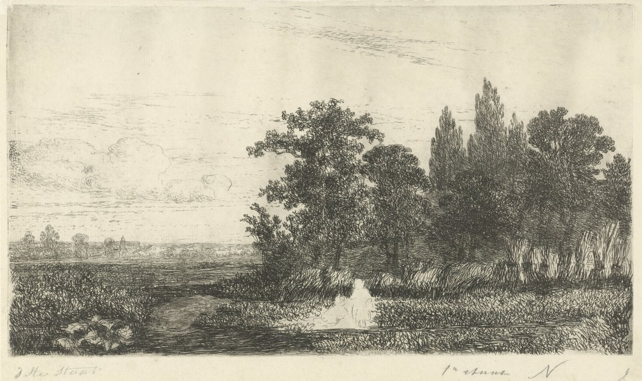 Hombre y mujer junto a un arroyo al borde del bosque. de Hermanus Jan Hendrik van Rijkelijkhuysen