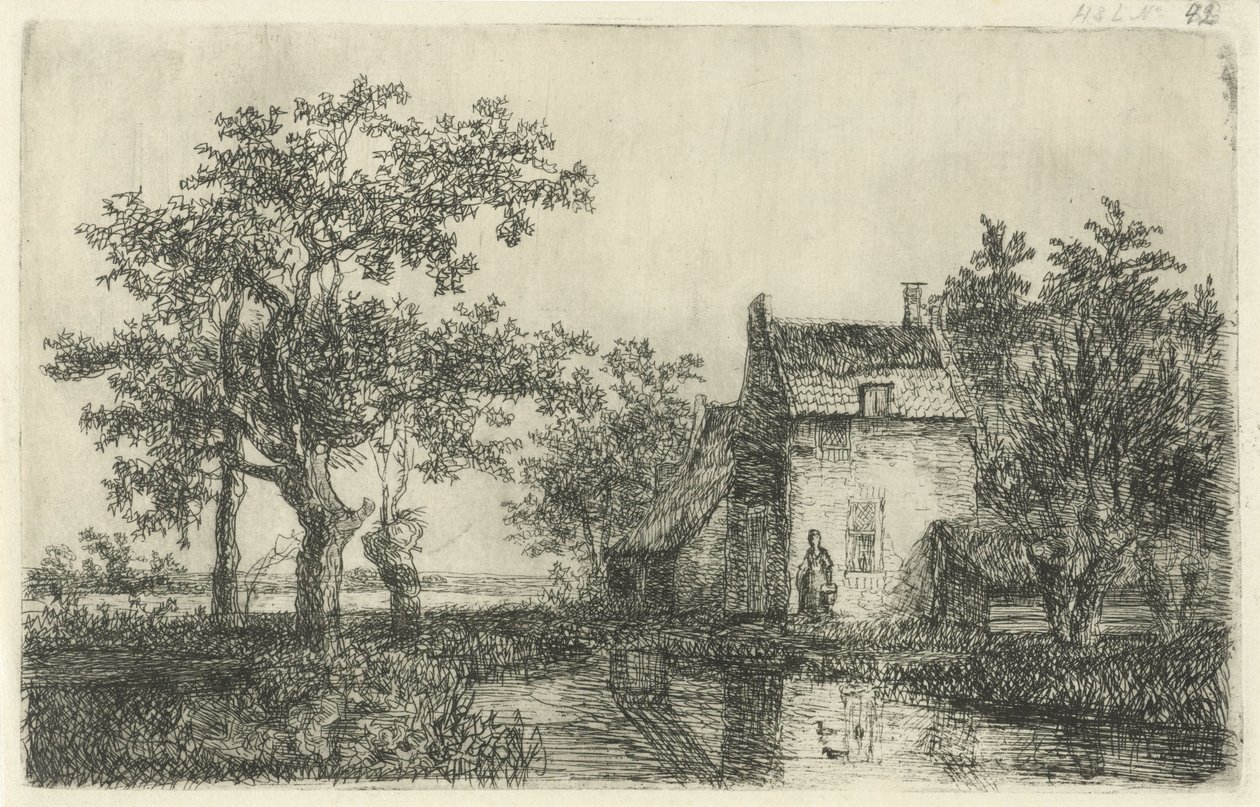 Mujer con una canasta frente a una casa de campo en el agua de Hermanus Jan Hendrik van Rijkelijkhuysen