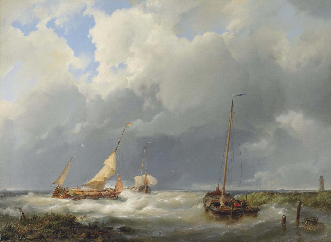 Escena costera con barcos pesqueros de Hermanus Koekkoek