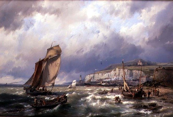 Embarcaciones de Vela y un Paquete Transversal frente a Folkstone de Hermanus Koekkoek