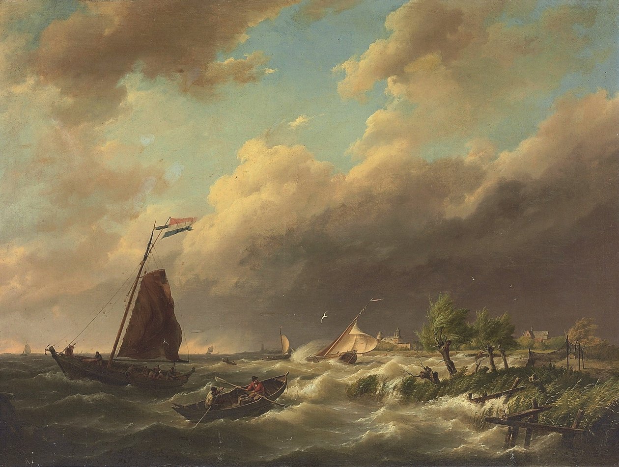 Tormentosa escena costera con la ciudad al fondo de Hermanus Koekkoek