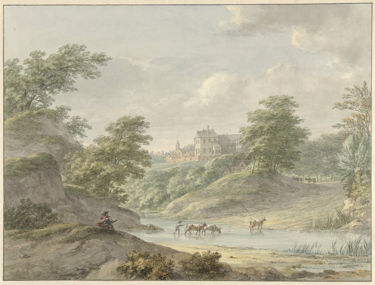 Paisaje con dibujante sentado y castillo junto al agua de Hermanus Numan