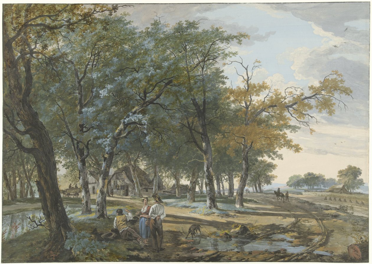 Paisaje con una casa entre árboles y un camino junto a los campos de Hermanus van Brussel