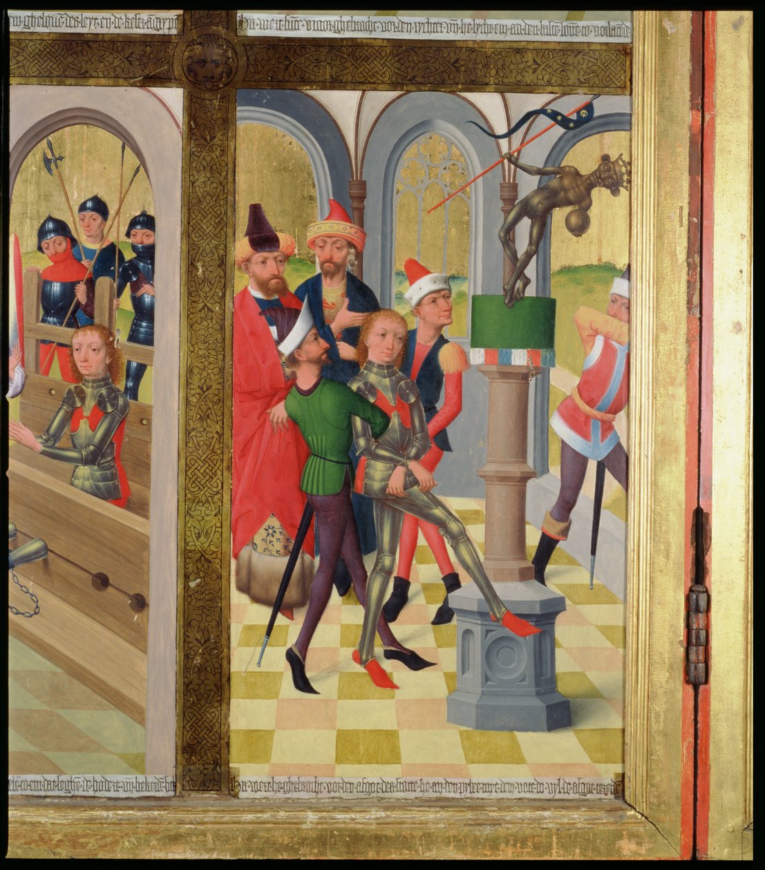 San Víctor de Marsella derribando el ídolo pagano, del Altar Mayor de la Iglesia de San Nicolás, 1481 (detalle) de Hermen Rode