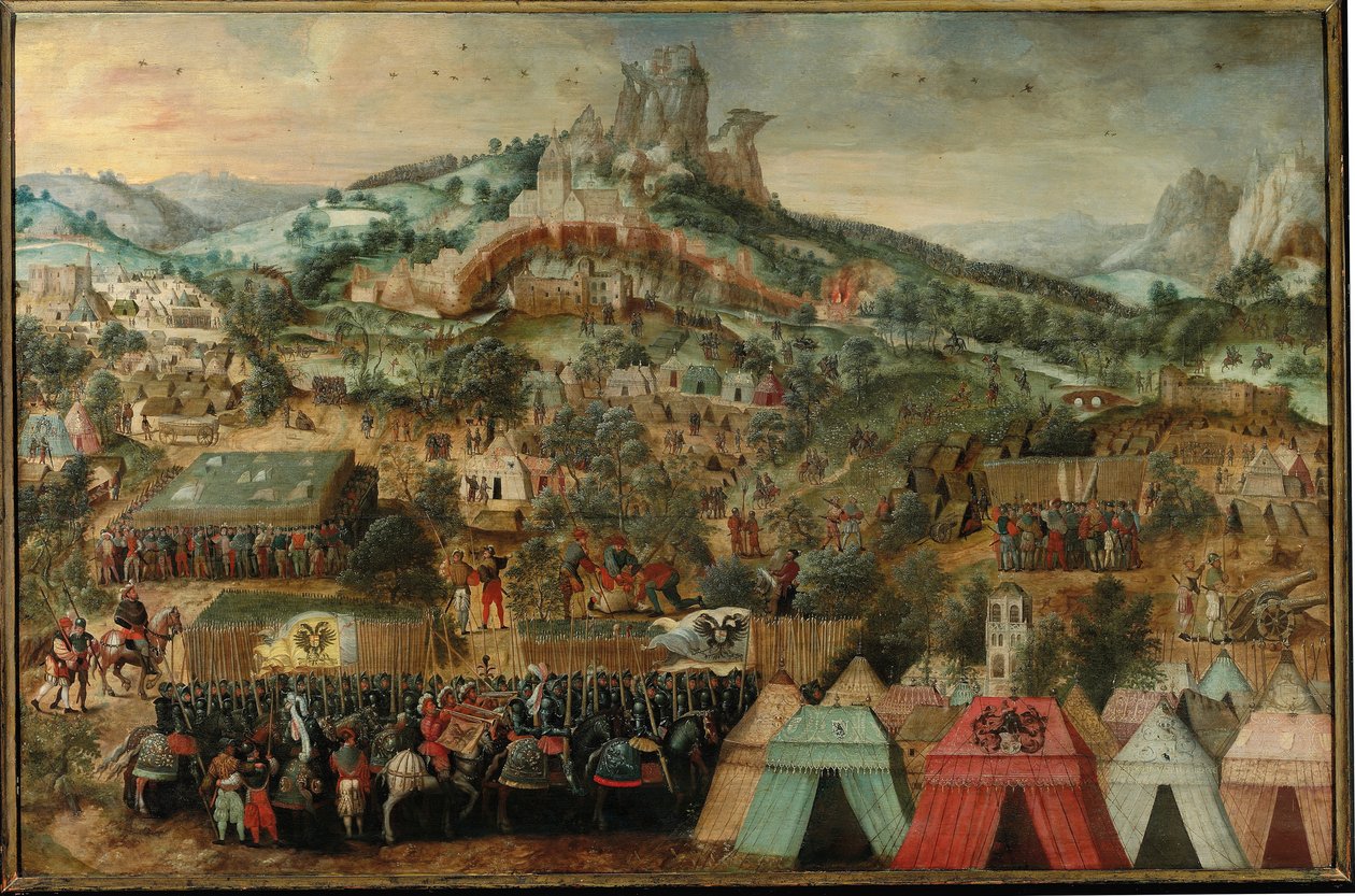 Un asedio en Therouanne, con un ejército liderado por Carlos V acampado bajo la ciudad de Herri met de Bles