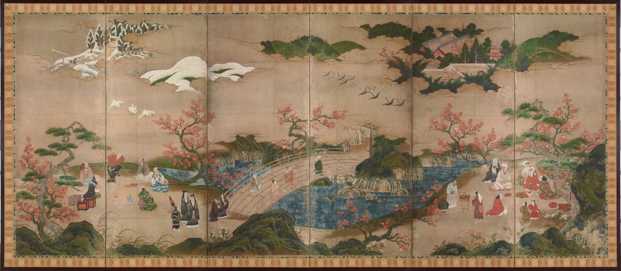 Los espectadores de arce - Pantalla en seis paneles - Obra de Kano Hideyori (activo 1565-1576), acuarela y tinta sobre papel - Arte japonés de Hideyori Kano