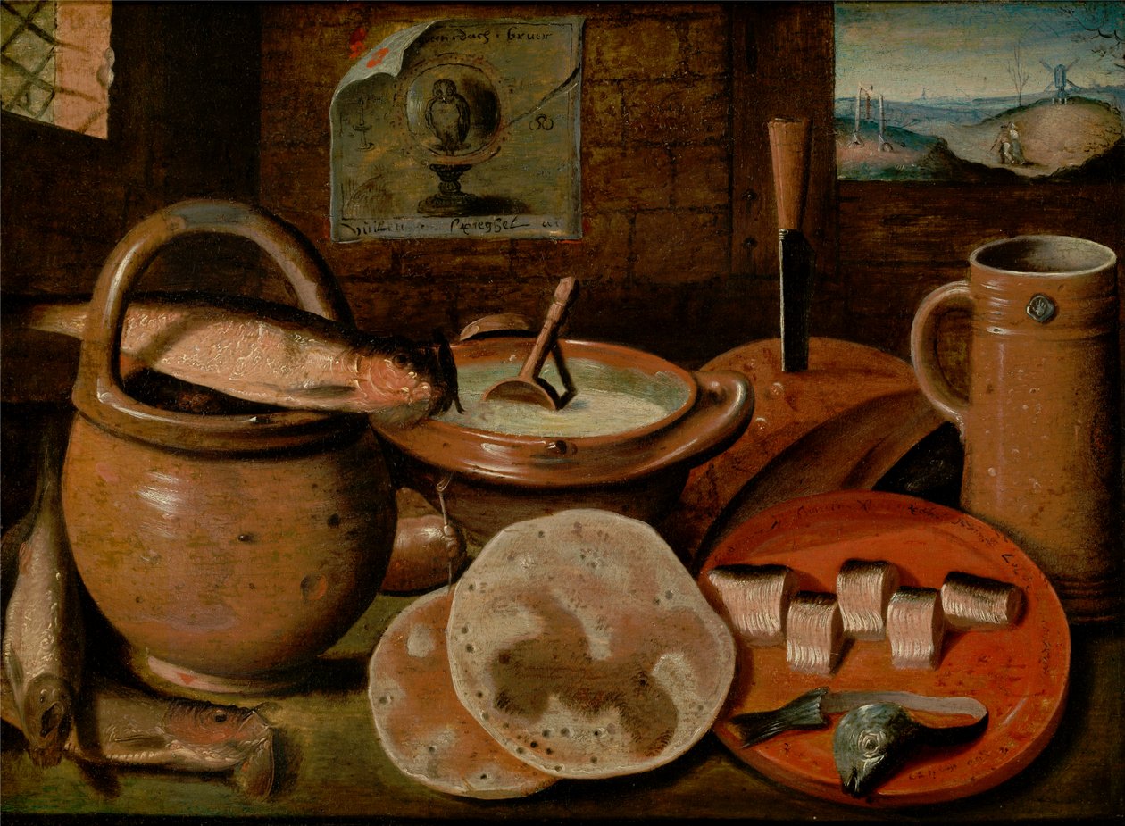 Holandés: Bodegón con cerámica, arenque y tortitas; a la derecha, vista de una pareja en un paisaje con horca y molino Bodegón con comida de pobre a base de gachas, queso, arenque y tortitas de Hieronymous Francken II