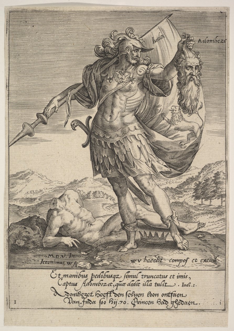 Judá con la Cabeza de Adonibezek, de Willem van Haecht, Tyrannorum proemia, 1578 de Hieronymous Wierix