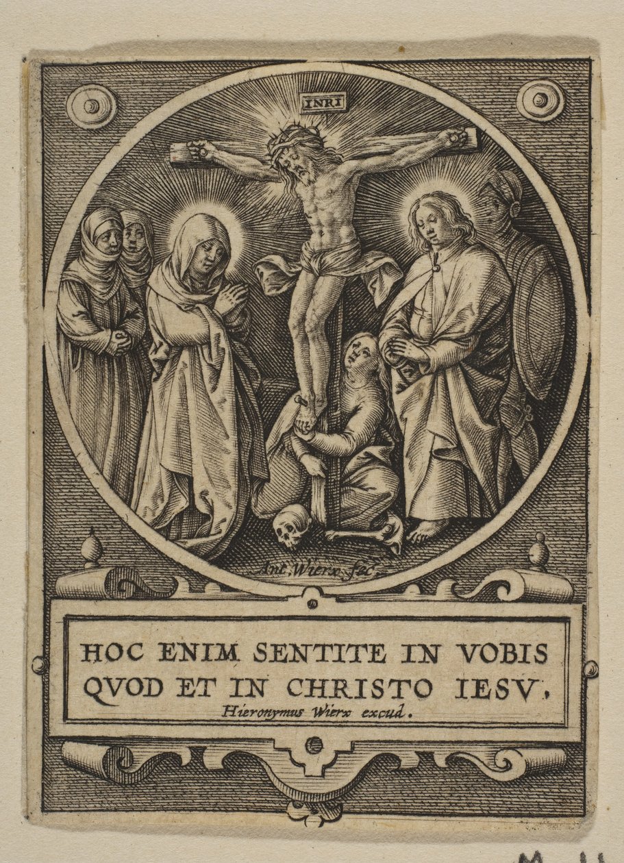 La crucifixión (copia inversa redonda) de Hieronymous Wierix