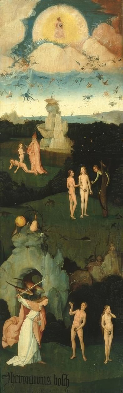 Caída de los ángeles, creación de Eva, pecado original, expulsión del Paraíso de Hieronymus Bosch