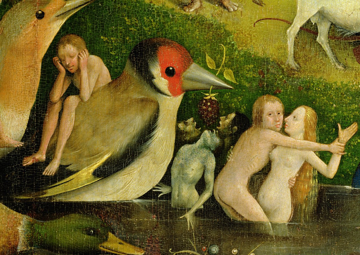El jardín de las delicias: Alegoría del lujo, panel central del tríptico, detalle de pareja en el agua y un pájaro, c.1500 (detalle) de Hieronymus Bosch