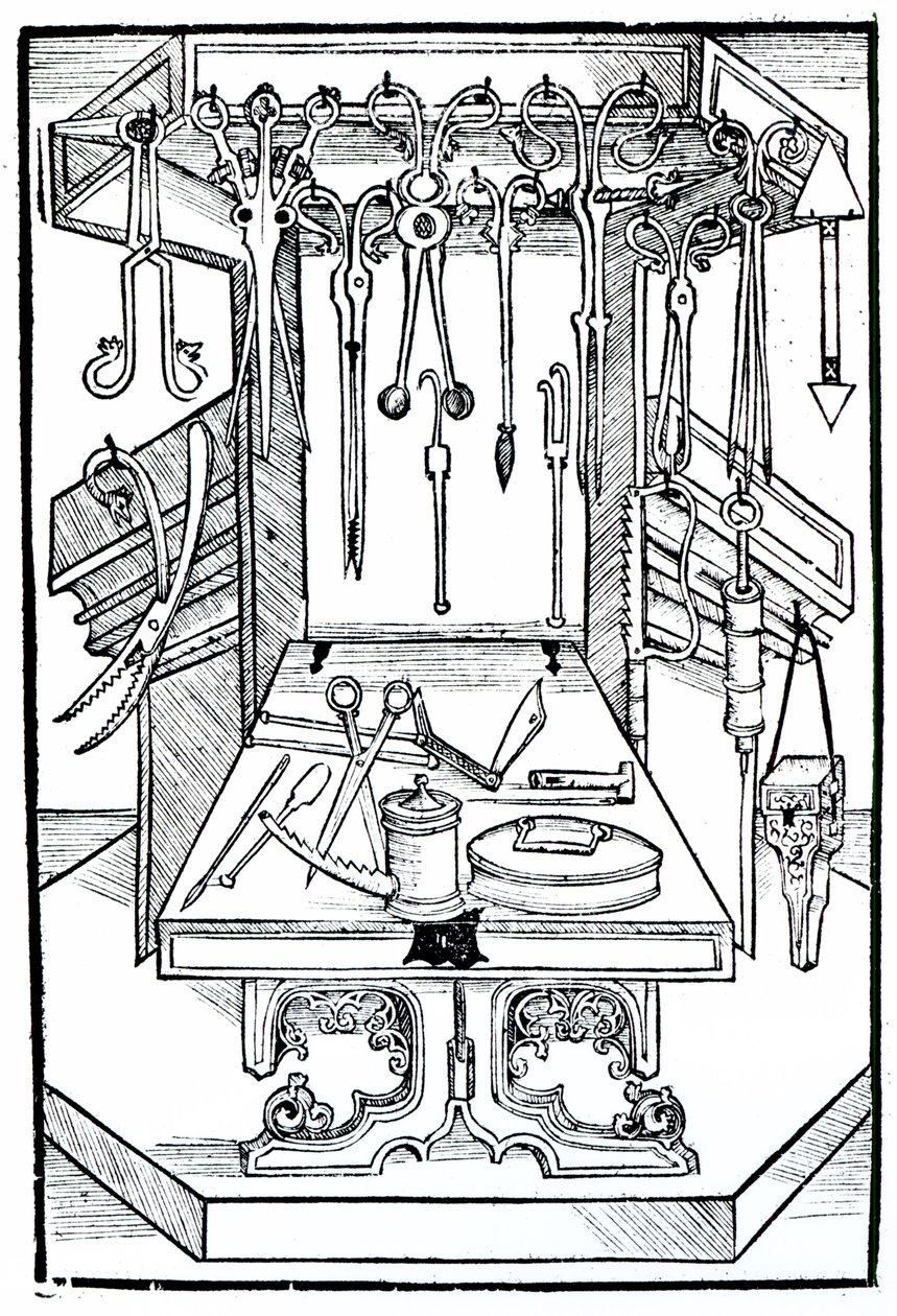 Mesa de operaciones e instrumentos quirúrgicos, de 