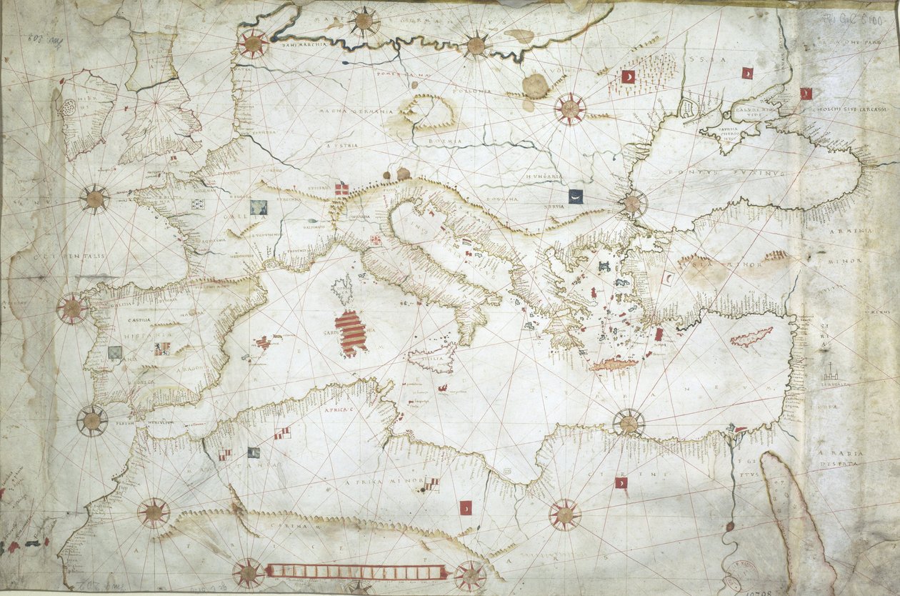 Mapa del Mar Mediterráneo, del Mar Negro y del Océano Atlántico noreste de Hieronymus Verrazano