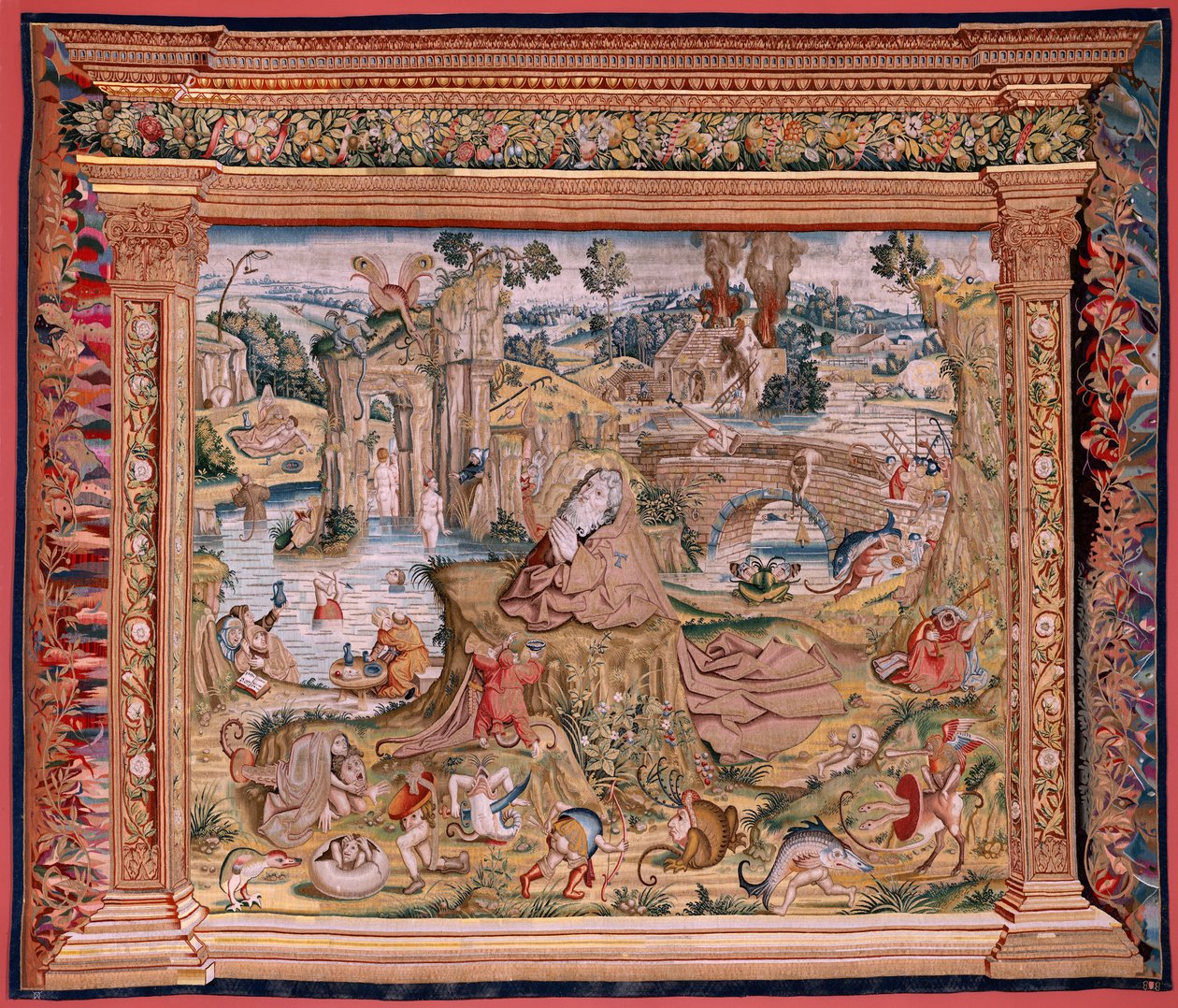 Tapiz flamenco. Serie Cuatro tapices según Hieronymus Bosch. San Antonio en oración (San Antonio en oración). Segundo tapiz de la serie. Modelo Inspirado en la obra de Hieronymus Bosch. Fabricación Taller desconocido, Bruselas. Antes de 1560. Tejido Ir de Hieronymus (after) Bosch