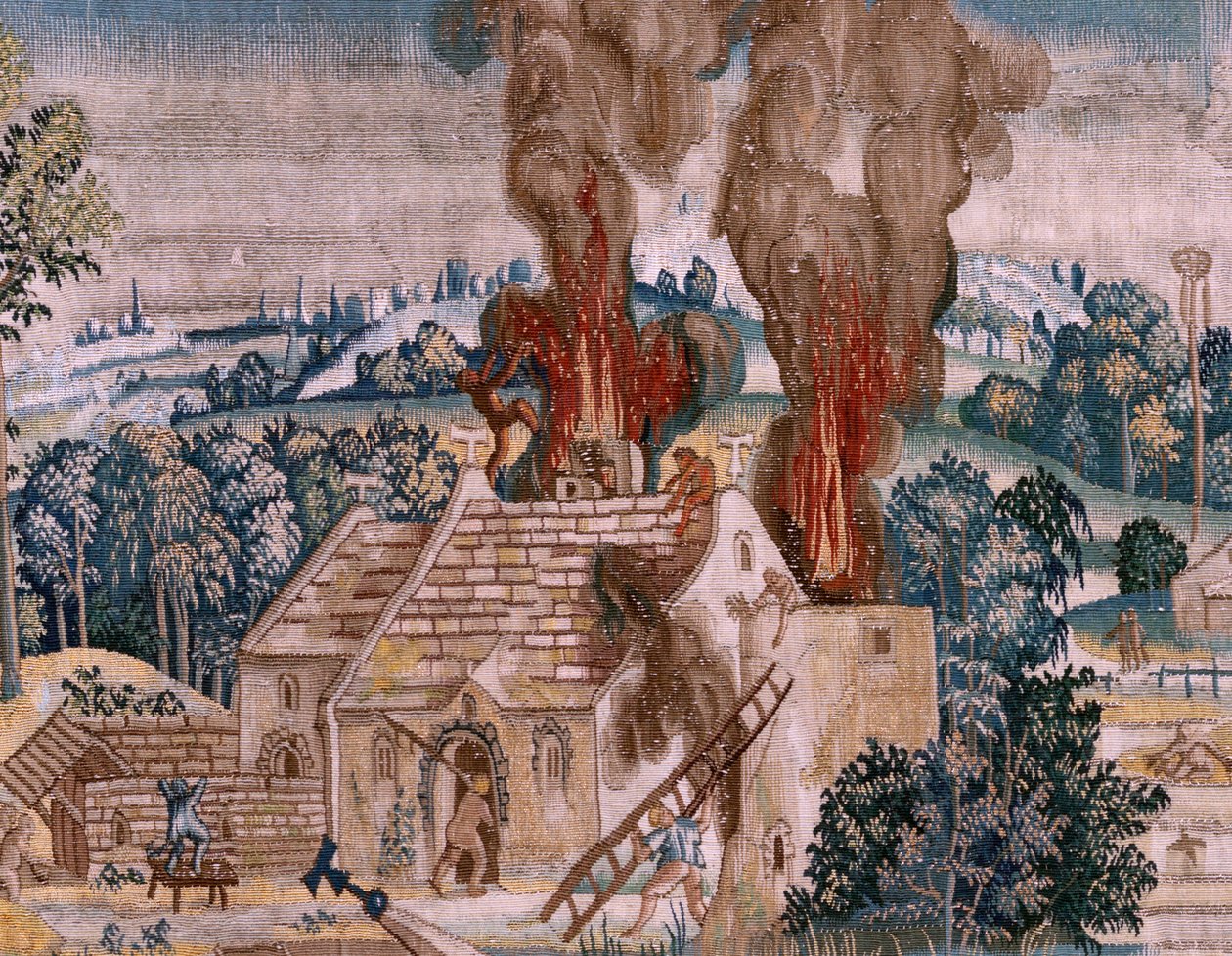 Tapiz flamenco. Serie Cuatro tapices según Hieronymus Bosch. San Antonio en oración (San Antonio en oración). Segundo tapiz de la serie. Modelo Inspirado en la obra de Hieronymus Bosch. Fabricación Taller desconocido, Bruselas. Antes de 1560. Tejido Ir de Hieronymus (after) Bosch