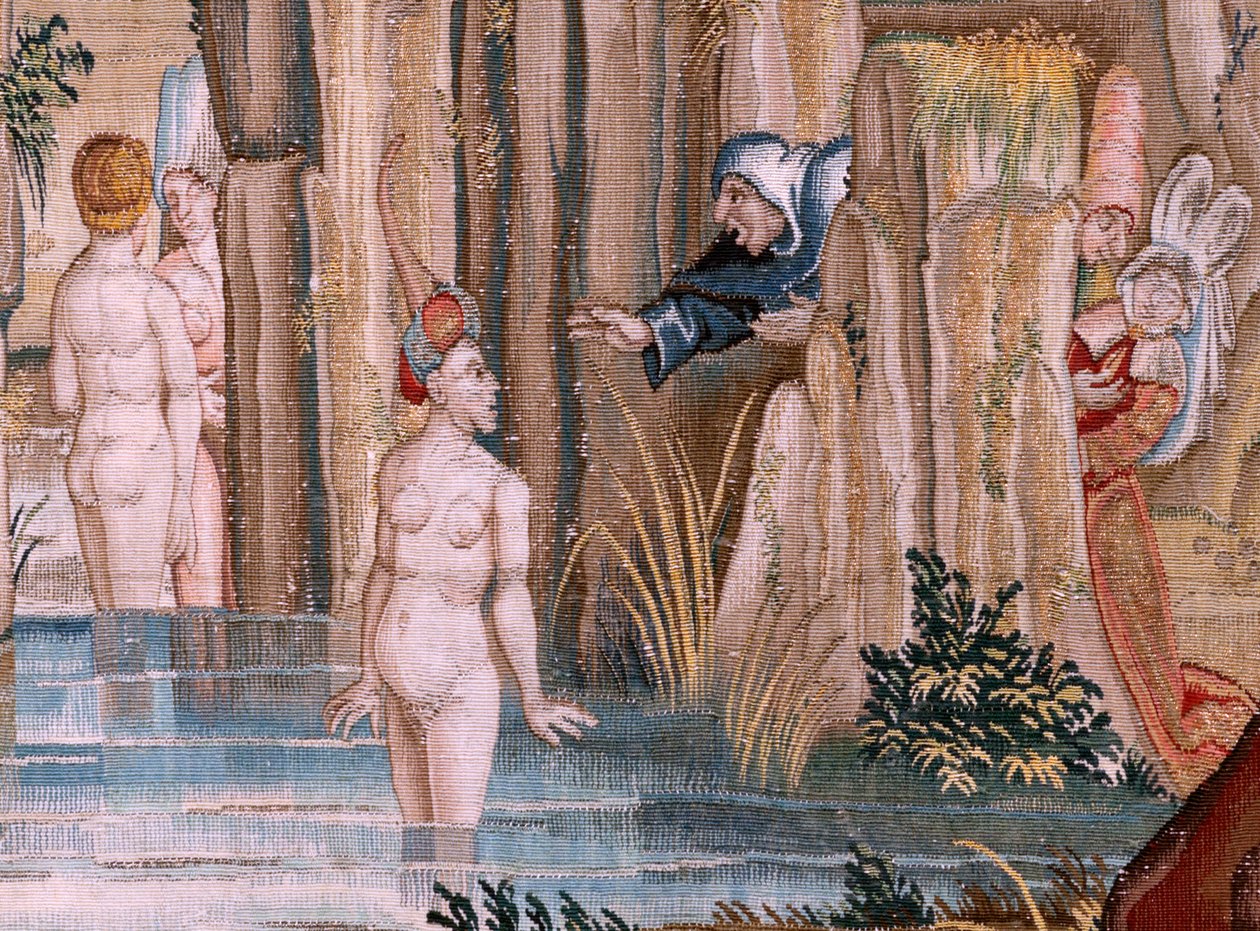 Tapiz flamenco. Serie Cuatro tapices según Hieronymus Bosch. San Antonio en oración (San Antonio en oración). Segundo tapiz de la serie. Modelo Inspirado en la obra de Hieronymus Bosch. Fabricación Taller desconocido, Bruselas. Antes de 1560. Tejido Ir de Hieronymus (after) Bosch