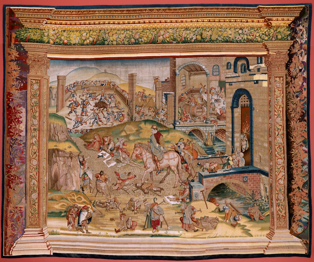 Tapiz flamenco. Serie Cuatro tapices según Hieronymus Bosch. San Martín (San Martín). Primer tapiz de la serie. Modelo Inspirado en la obra de Hieronymus Bosch. Fabricación Taller desconocido, Bruselas. Antes de 1560. Tejido Oro, plata, seda y woo de Hieronymus (after) Bosch
