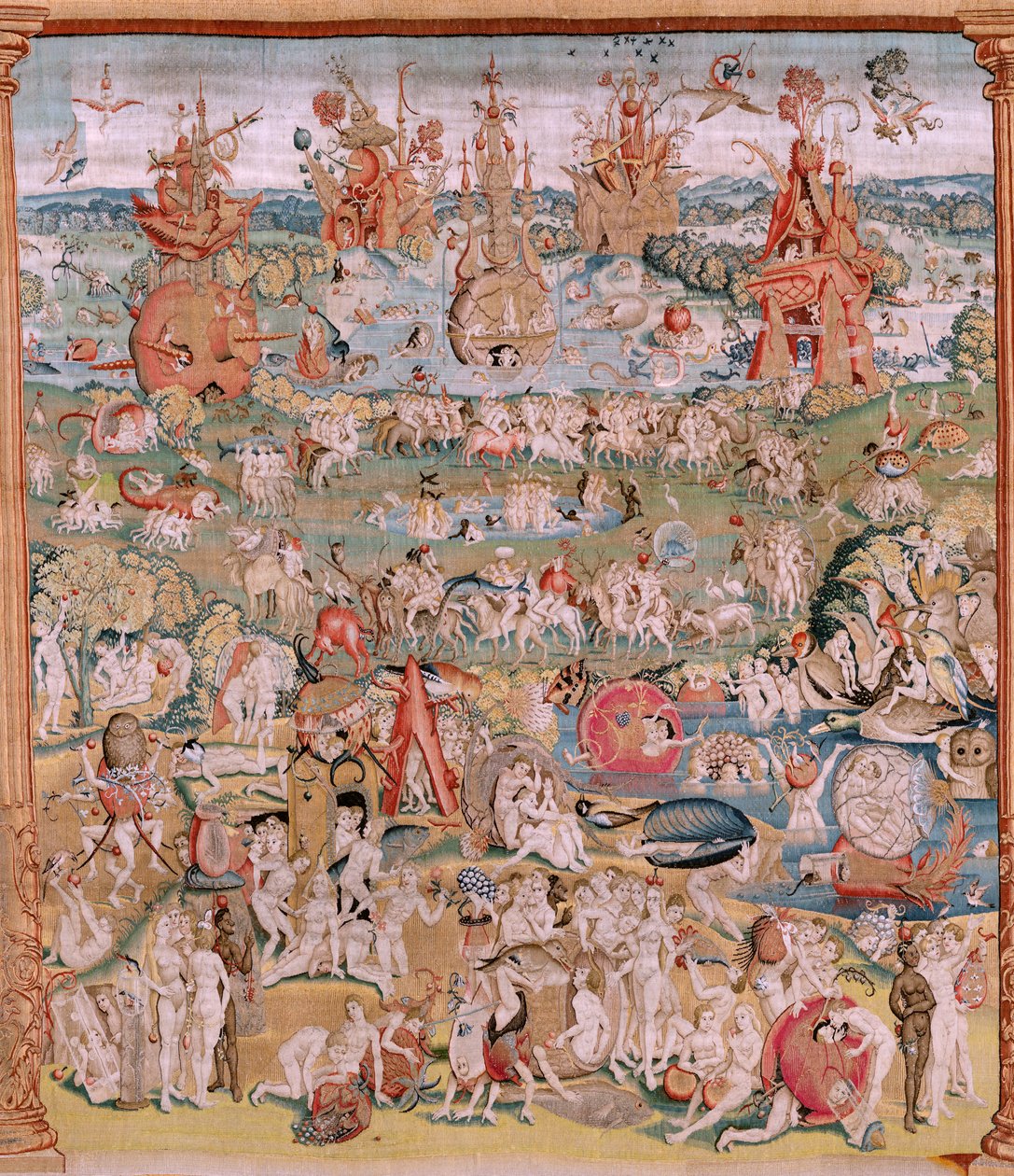 Tapiz flamenco. Serie Cuatro tapices según Hieronymus Bosch. El Jardín de las Delicias (Jardín de las Delicias). Cuarto tapiz de la serie. Modelo Inspirado en la obra de Hieronymus Bosch. Fabricación Taller desconocido, Bruselas. Antes de 1560. Fa de Hieronymus (after) Bosch