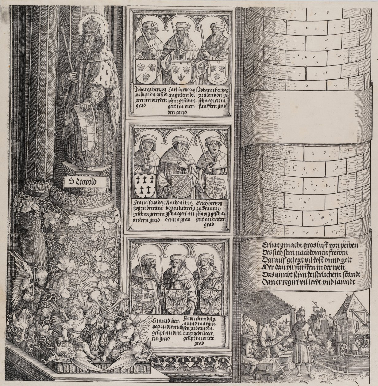 Maximiliano como Arquitecto, con una Estatua de San Leopoldo, y Bustos de los Ancestros de Maximiliano, 1517-1518 de Hieronymus Andreae