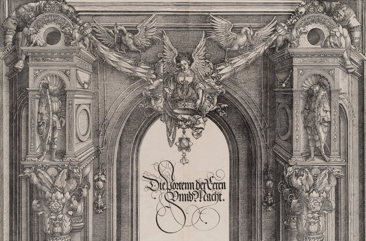 La sección superior de la entrada al portal central con una figura alada sosteniendo el I..., 1515 de Hieronymus Andreae