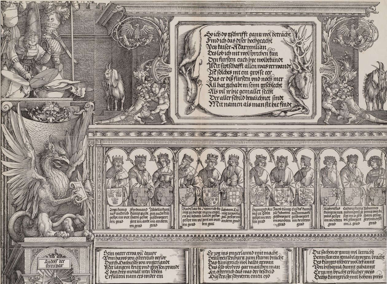La sección superior del portal derecho, con la inscripción en una piel de ciervo, un friso con..., 1515 de Hieronymus Andreae