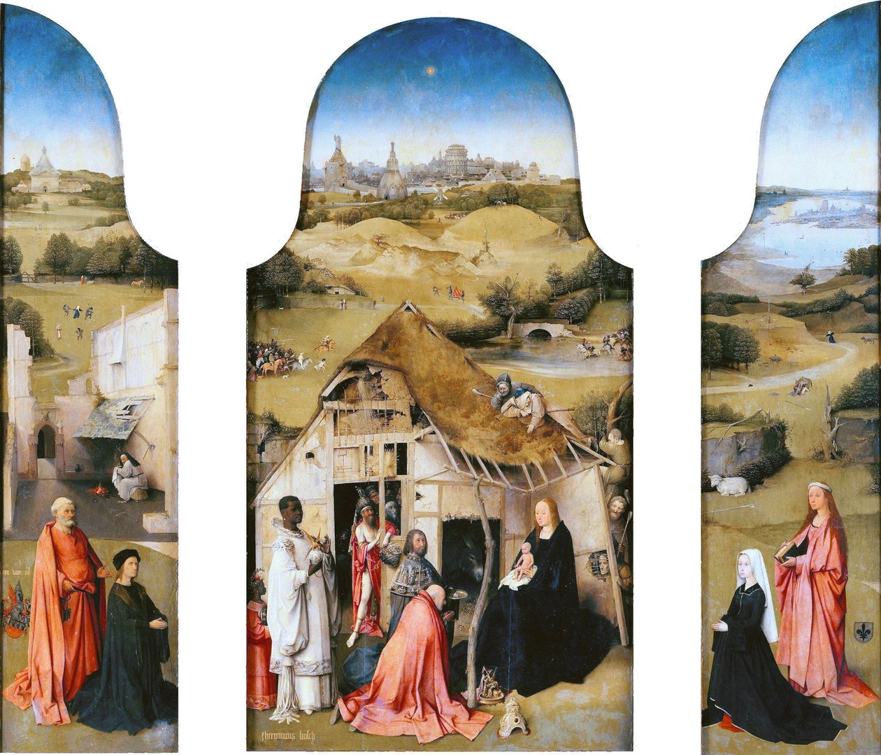 Adoración de los Reyes Magos, Interior (San Pedro con el donante, Adoración de los Reyes Magos, Santa Inés con el donante) de Hieronymus Bosch