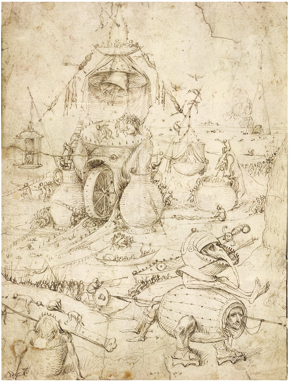 Paisaje infernal por Bosch, Hieronymus (c. 1450-1516). Pluma, tinta india marrón sobre papel, c. 1500, Colección privada de Hieronymus Bosch
