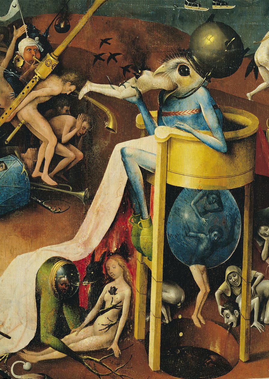 El jardín de las delicias: Infierno, ala derecha del tríptico, detalle del hombre-pájaro azul en un taburete, c.1500 (detalle) de Hieronymus Bosch