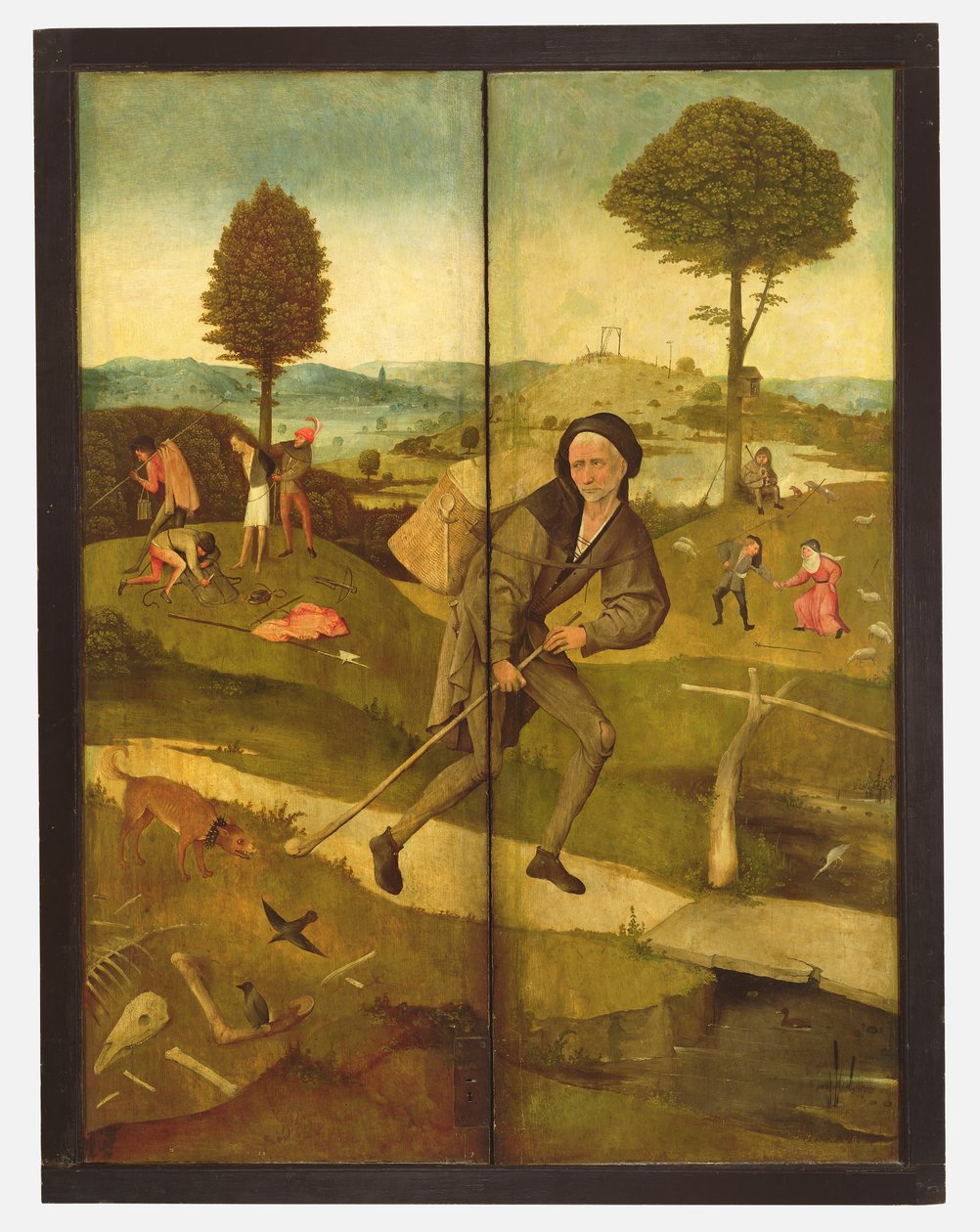 El carro de heno, con paneles cerrados mostrando a Everyman caminando por el Camino de la Vida de Hieronymus Bosch