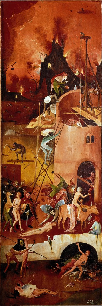 El tríptico del heno: construcciones infernales. Panel interior derecho de Hieronymus Bosch
