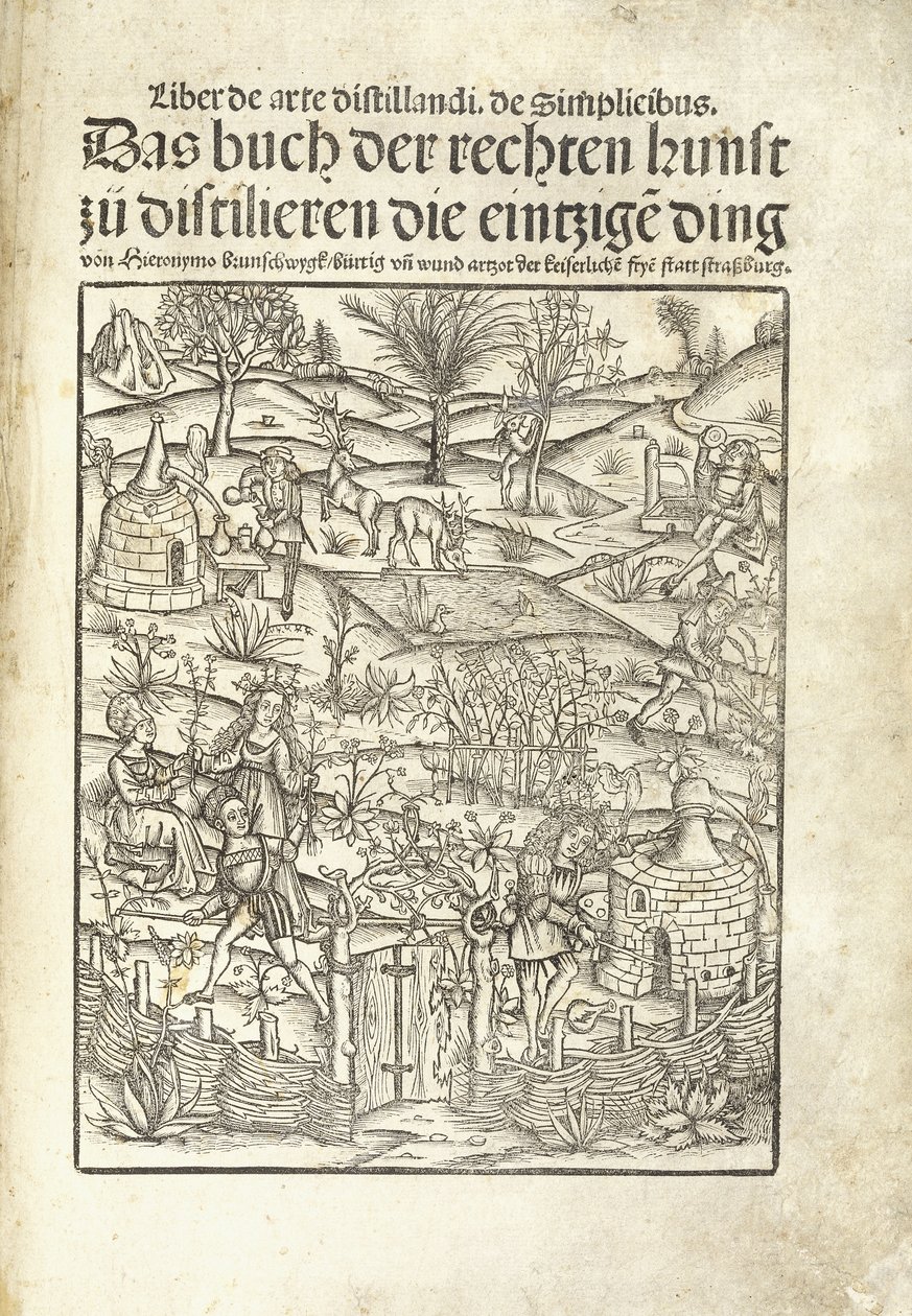 Página del título, ilustrando destilerías de hierbas con figuras en un paisaje de Hieronymus Brunschwig