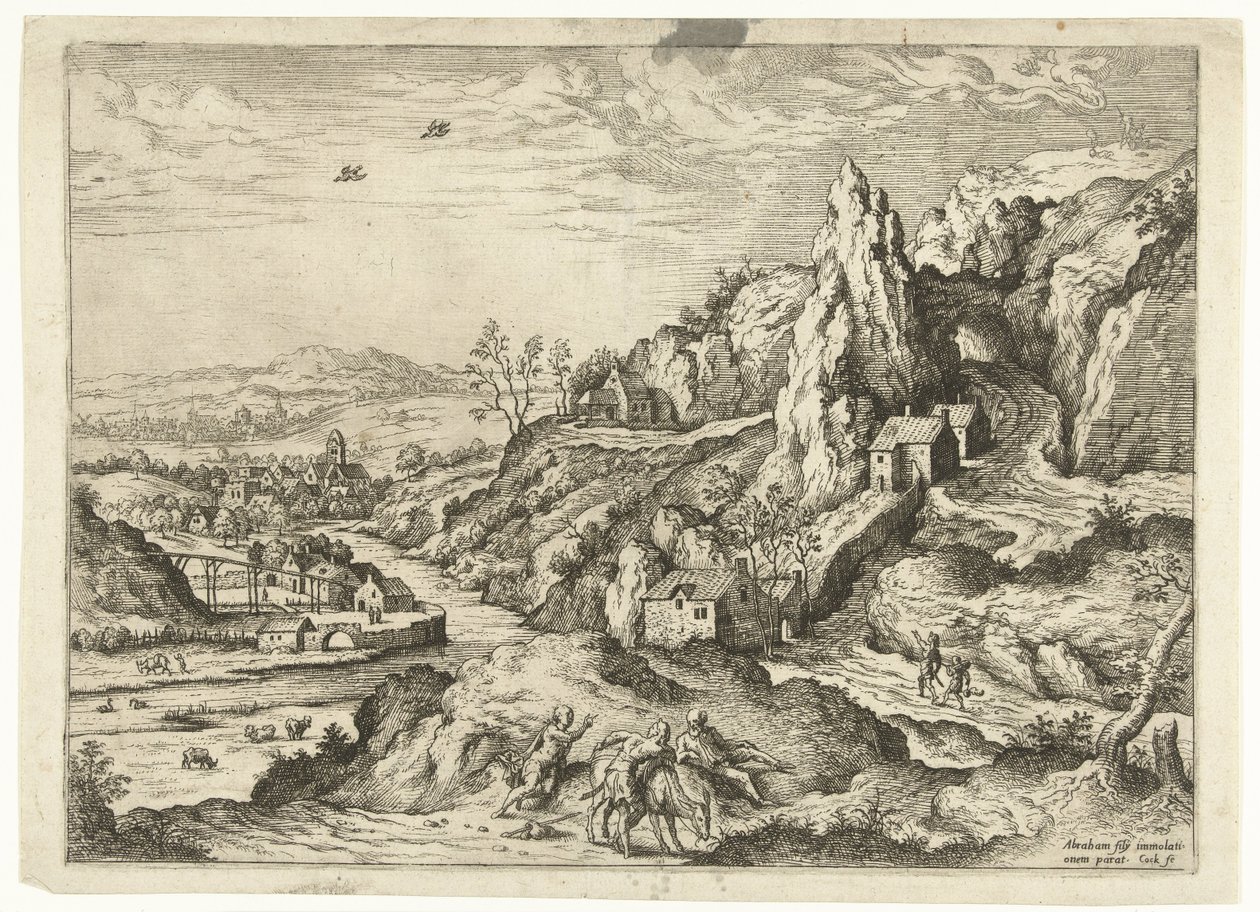 Abraham e Isaac camino al lugar del sacrificio Paisajes con escenas bíblicas y mitológicas (título de serie) de Hieronymus Cock