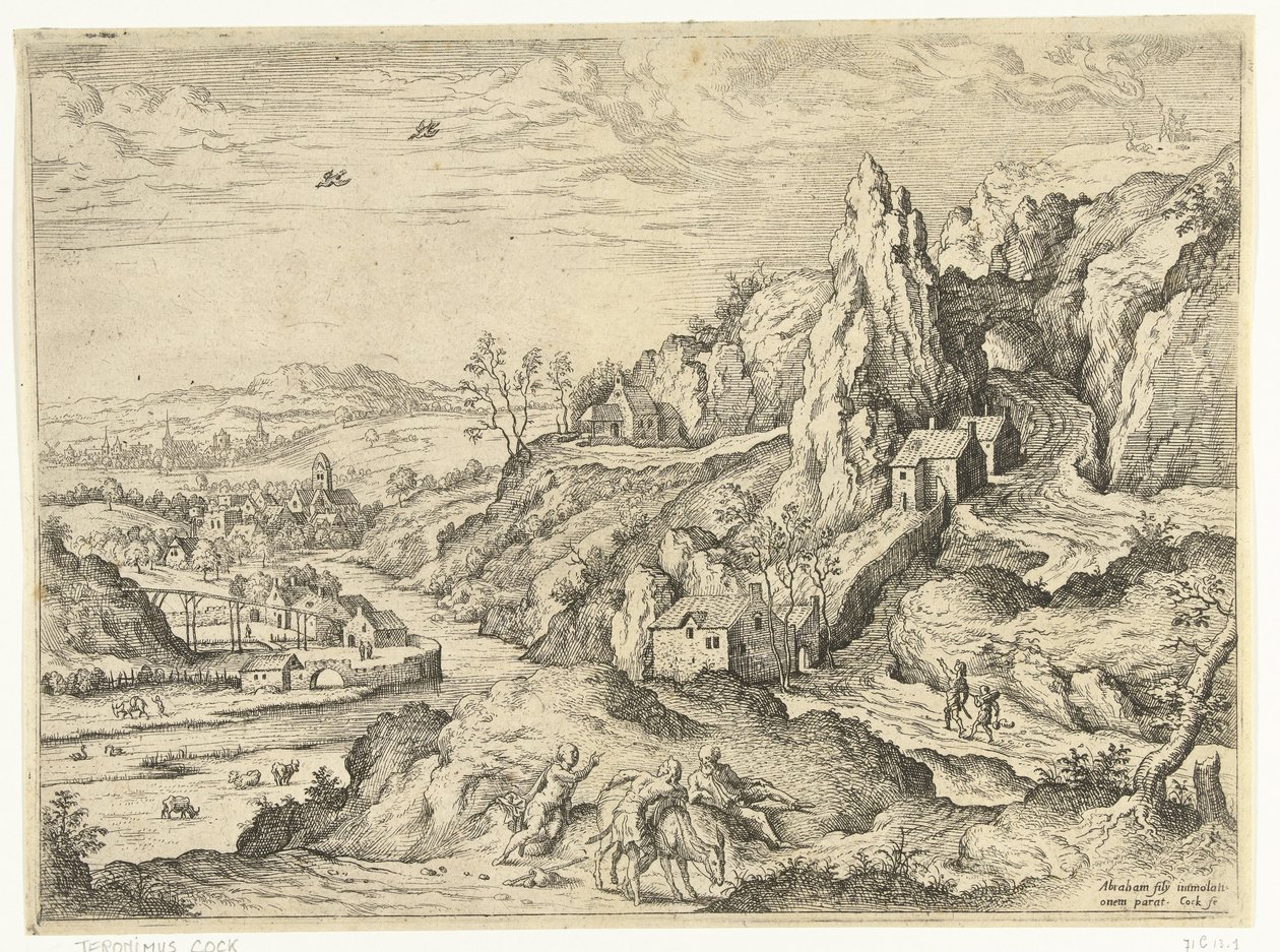 Abraham e Isaac camino al lugar del sacrificio Paisajes con escenas bíblicas y mitológicas (título de serie) de Hieronymus Cock