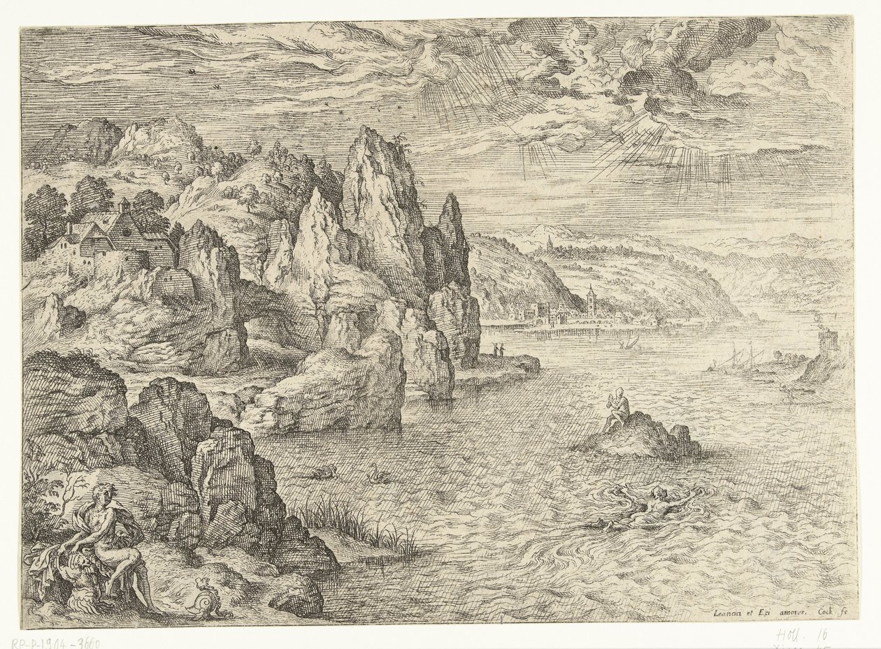 Paisaje costero con Hero y Leander Héroe y Leander Paisajes con escenas bíblicas y mitológicas (título de serie) de Hieronymus Cock
