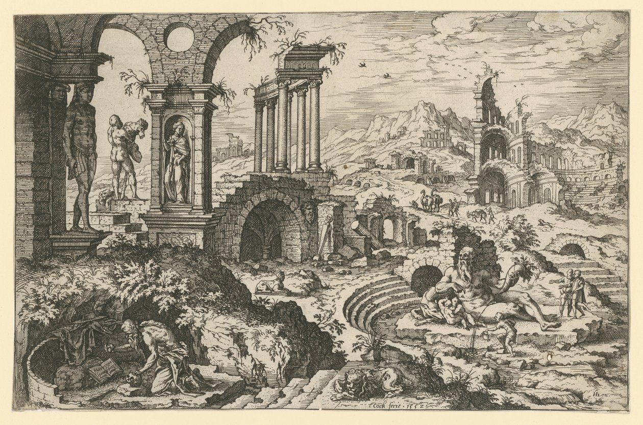 San Jerónimo en un paisaje de ruinas de Hieronymus Cock