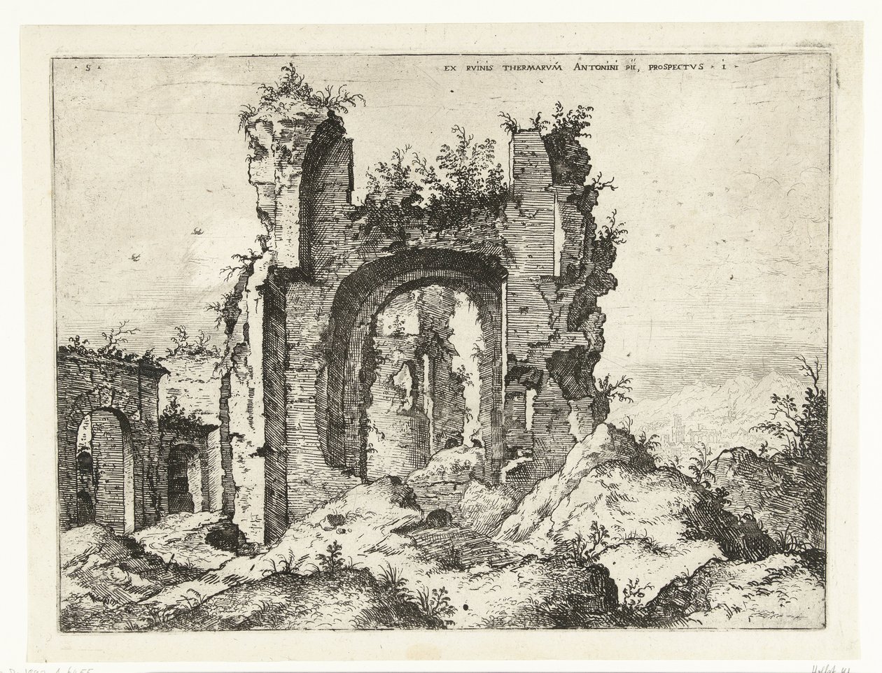 Primera vista de las Termas de Caracalla Ex Rvinis Thermarvm Antonii Pii (...) (título sobre el objeto) Ruinas romanas (título de la serie) de Hieronymus Cock