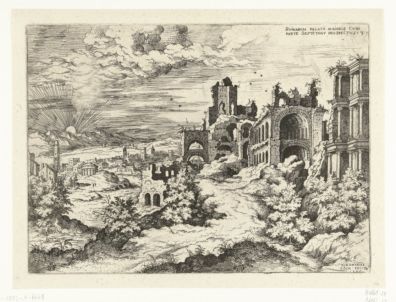 Vista de la Colina Palatina con salida del sol Rvinarvm palatii maioris (...) (título sobre objeto) Ruinas romanas (título de la serie) de Hieronymus Cock