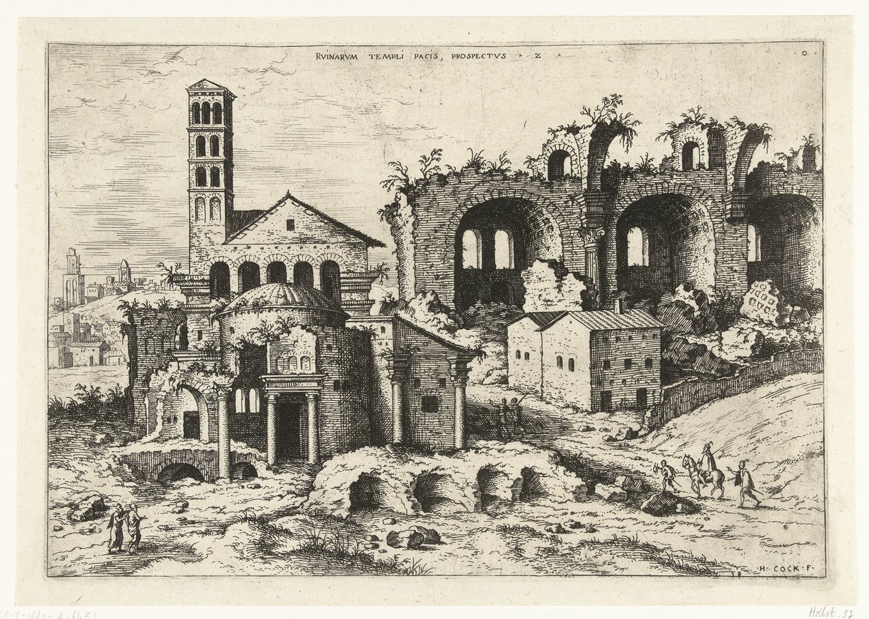 Vista del Templo de Rómulo y la Basílica de Constantino Rvinarvm Templi Pacis (...) (título sobre objeto) Ruinas romanas (título de la serie) de Hieronymus Cock
