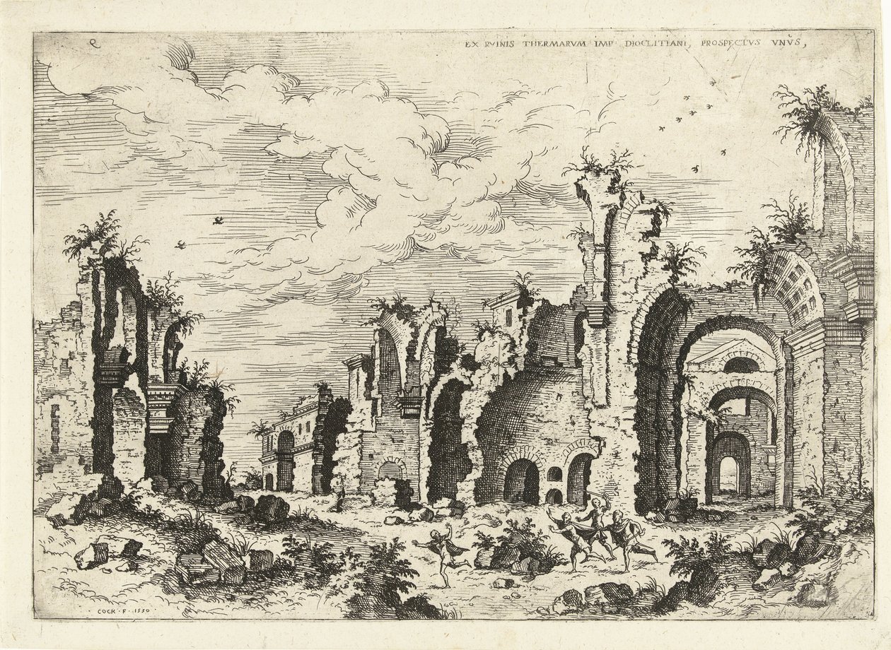 Vista de las Termas de Diocleciano Ex Rvinis Thermarvm Imp Diocletianvs (...) (título sobre el objeto) Ruinas romanas (título de la serie) de Hieronymus Cock