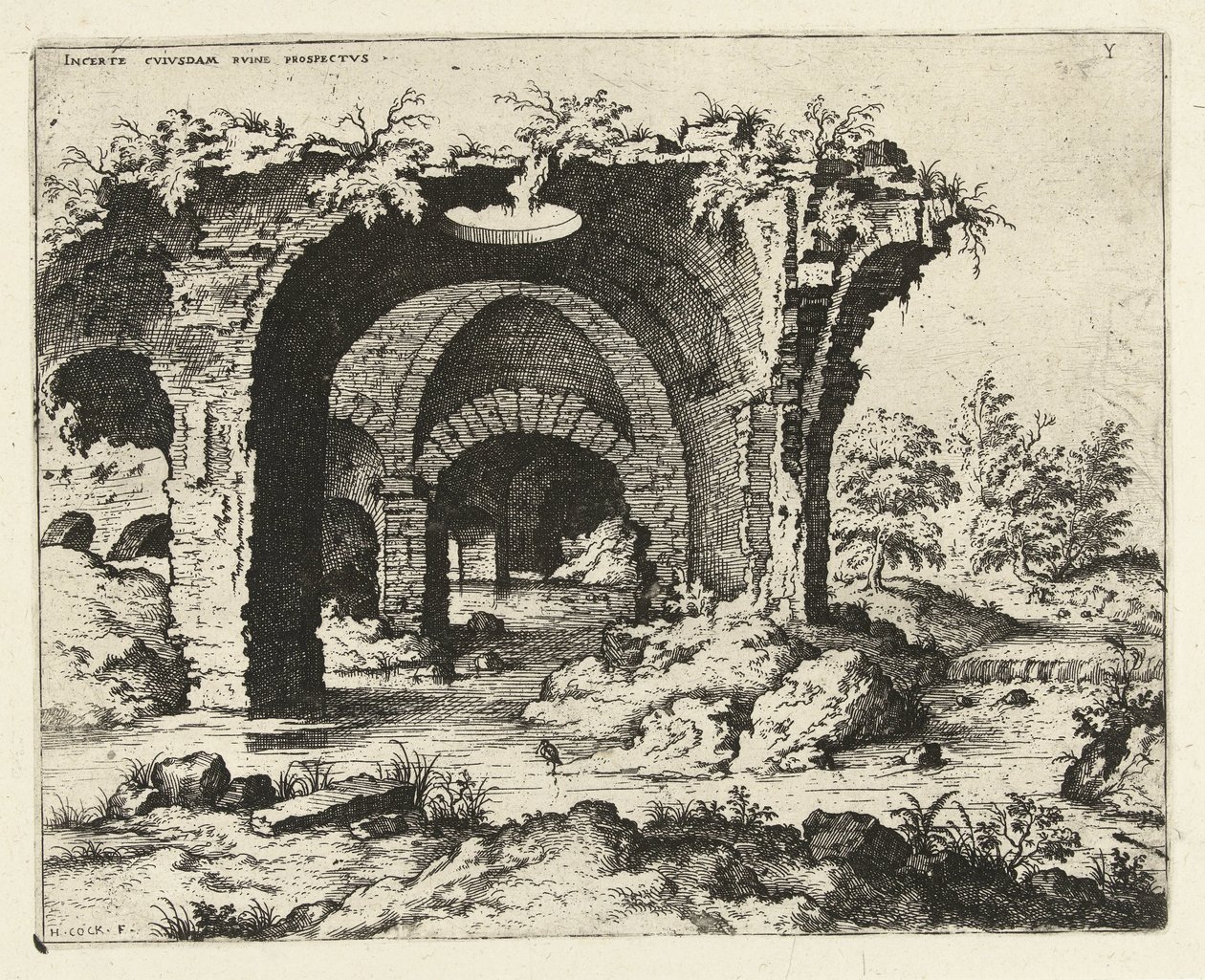 Vista de una ruina en Roma Incerte cvvs dam irvine prospectus (título sobre el objeto) Ruinas romanas (título de la serie) de Hieronymus Cock