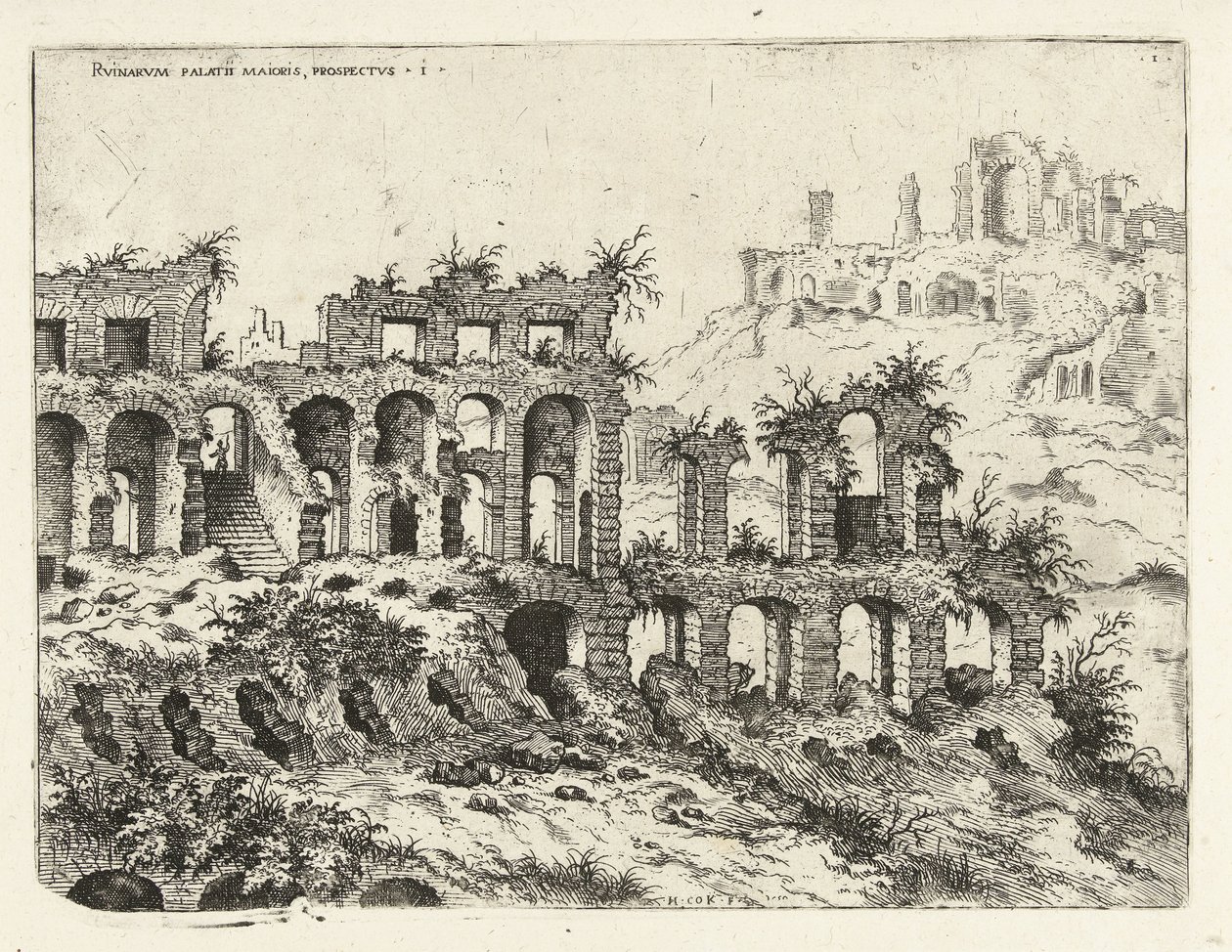 Vista del Coliseo y la Colina Palatina Rvinarvm palatii maioris, prospectvs 1 (título sobre el objeto) Ruinas romanas (título de la serie) de Hieronymus Cock