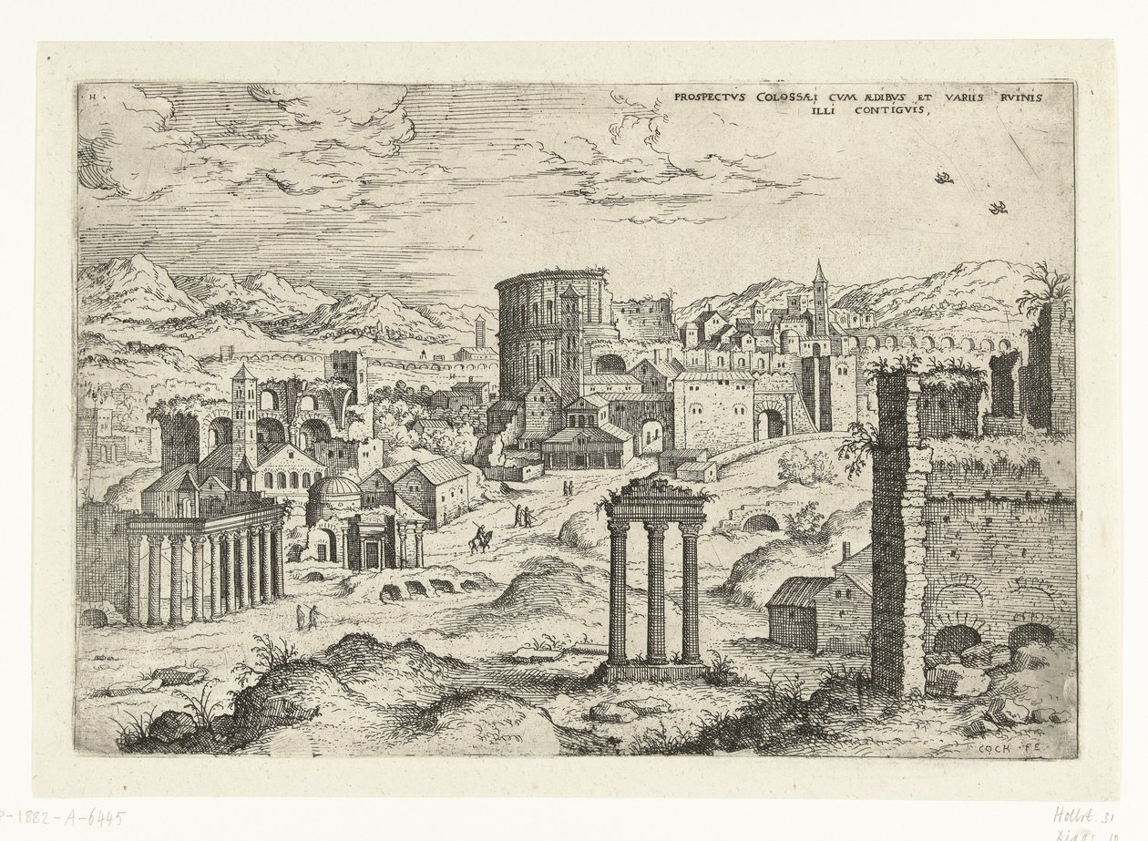 Gezicht en el Foro Romano La vista del Coliseo con ædibvs y varios vininis contiguos (título sobre objeto) Romeinse ruïnes (título de la serie) de Hieronymus Cock