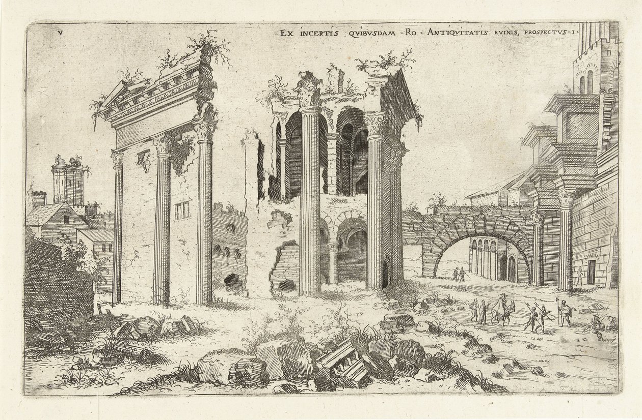 Gezicht op het Forum van Nerva (Título en objeto) Romeinse ruïnes (título de la serie) de Hieronymus Cock