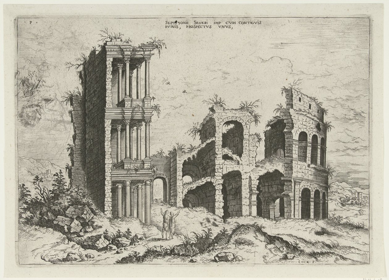Vista del Septizonium y el Coliseo en Roma Septizonii Severi Imp (...) (título sobre el objeto) Ruinas romanas (título de la serie) de Hieronymus Cock
