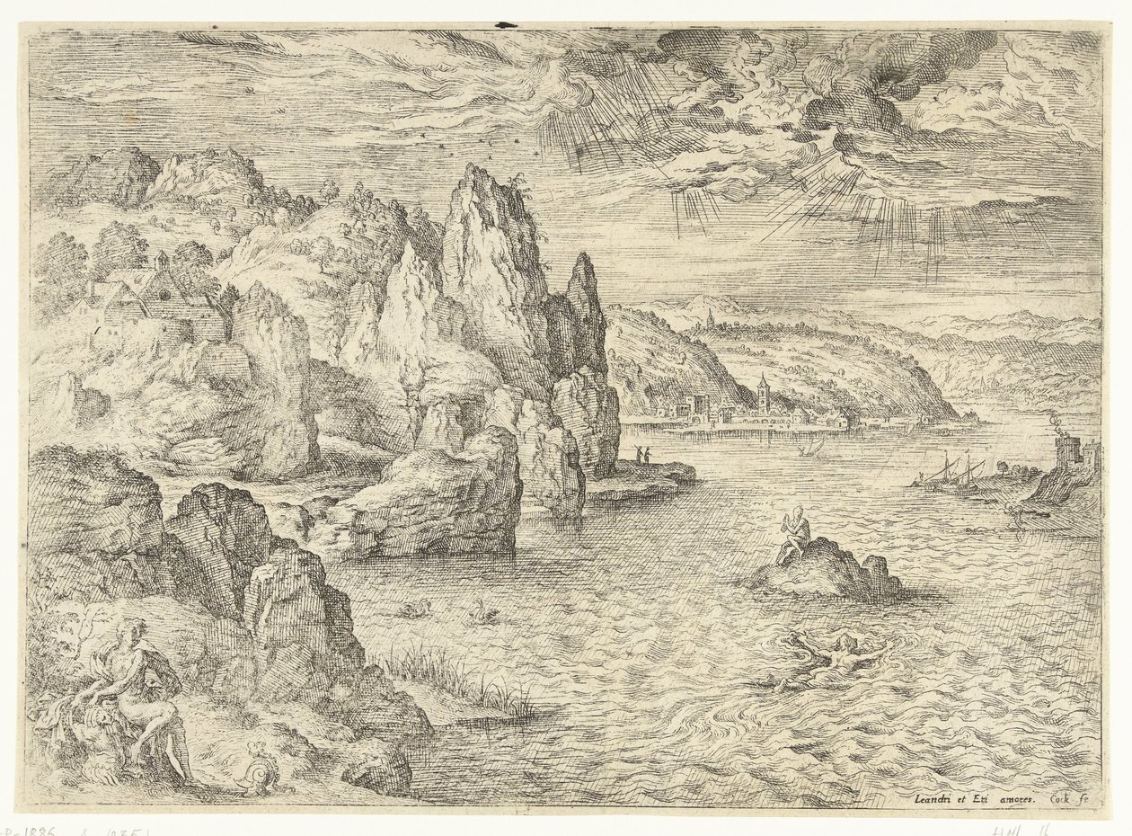Héroe y Leander Paisajes con escenas bíblicas y mitológicas (título de serie) de Hieronymus Cock