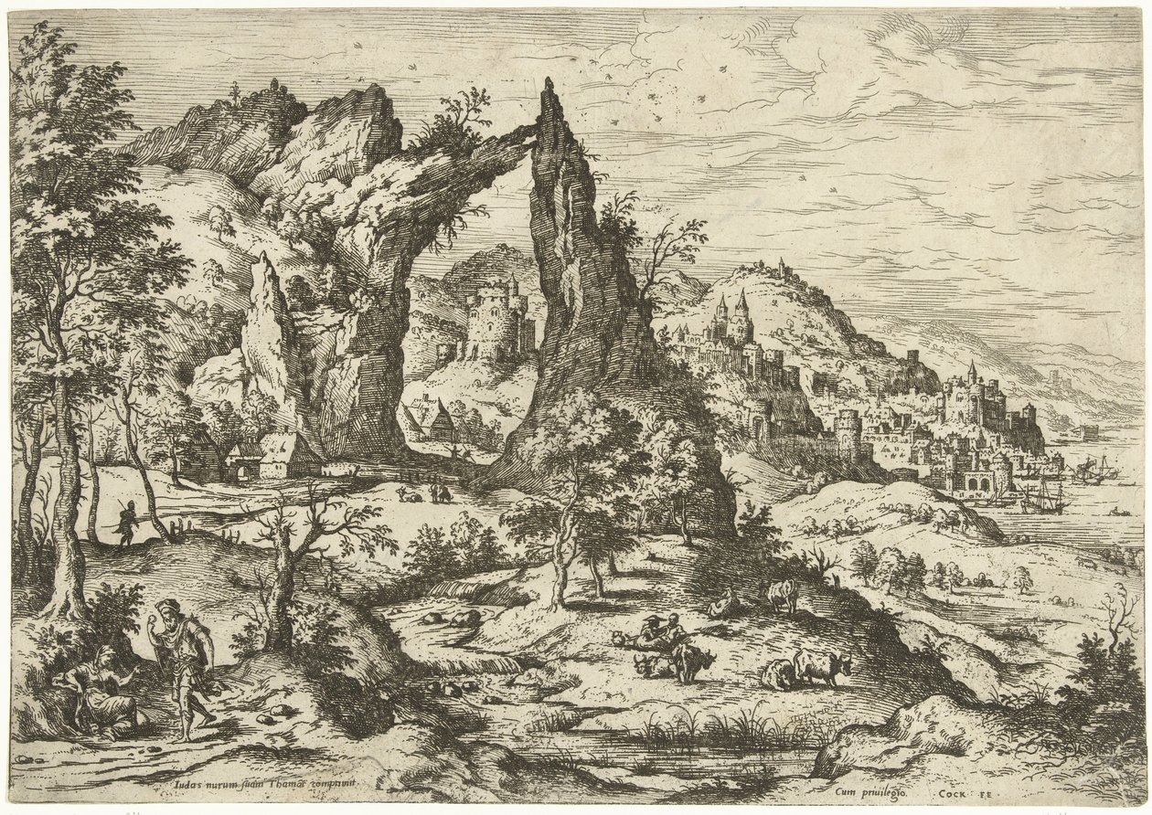 Judá y Tamar Paisajes con escenas bíblicas y mitológicas (título de serie) de Hieronymus Cock