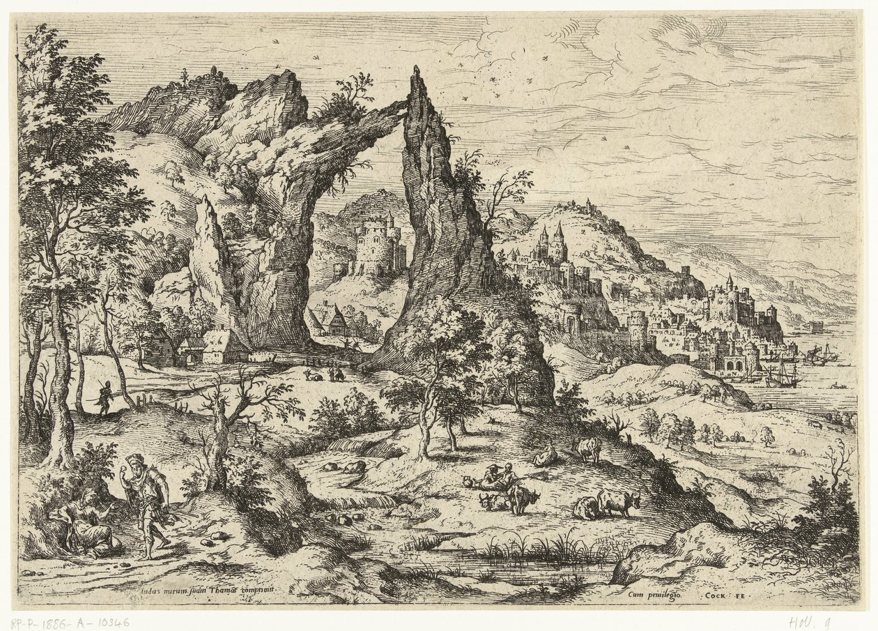 Judá y Tamar Paisajes con escenas bíblicas y mitológicas (título de serie) de Hieronymus Cock