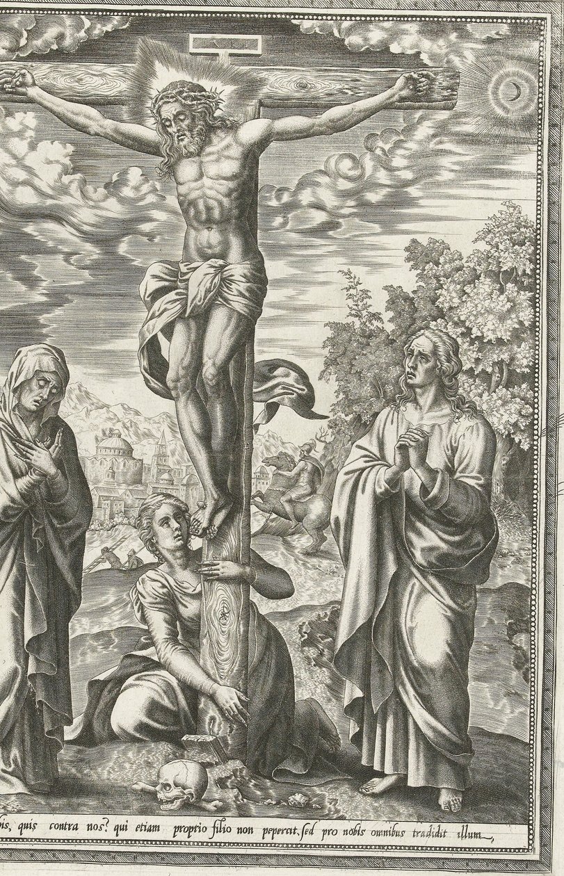 Crucifixión con María, Juan el Bautista y María Magdalena de Hieronymus Cock