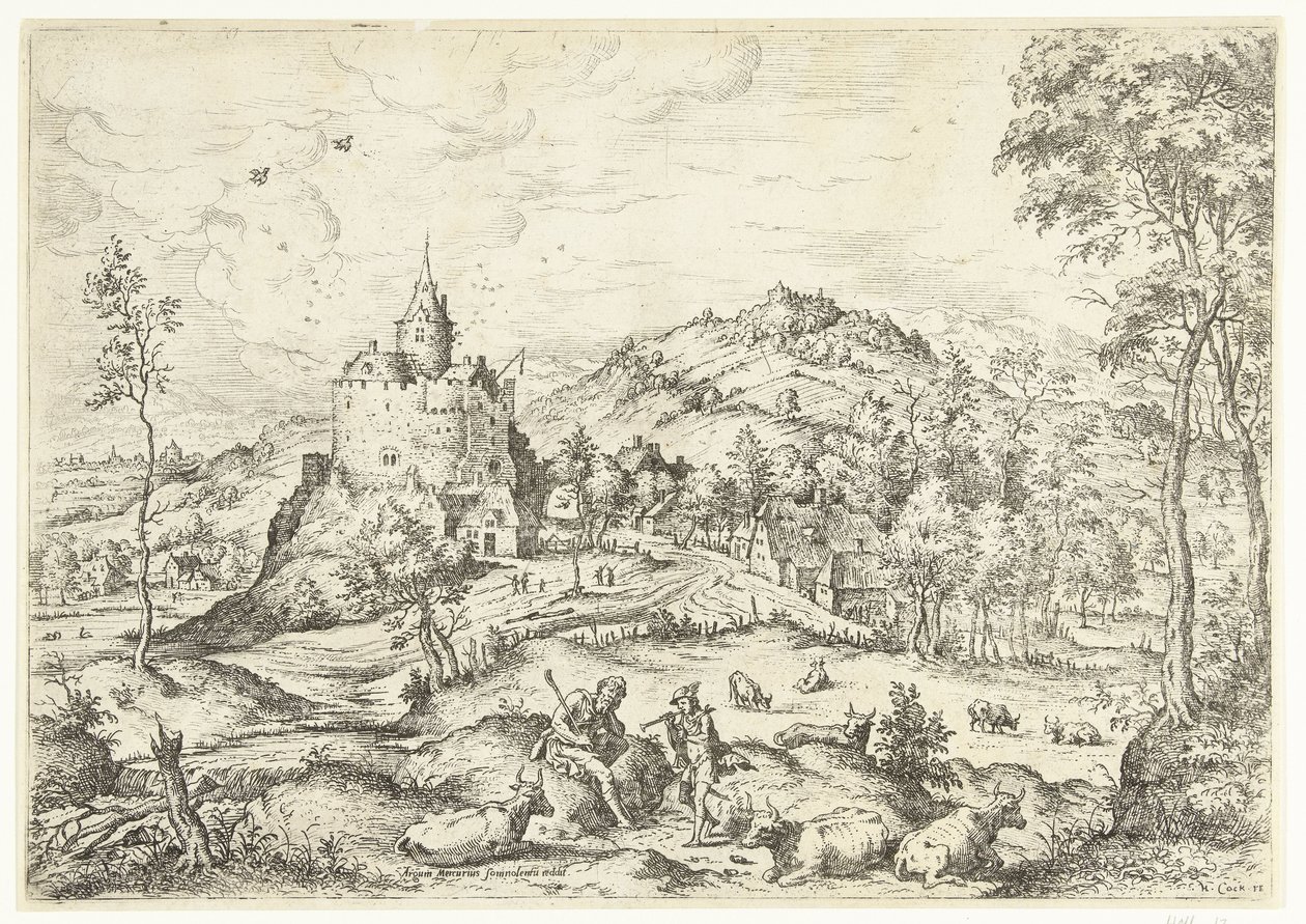 Mercurio y Argus Paisajes con escenas bíblicas y mitológicas (título de serie) de Hieronymus Cock